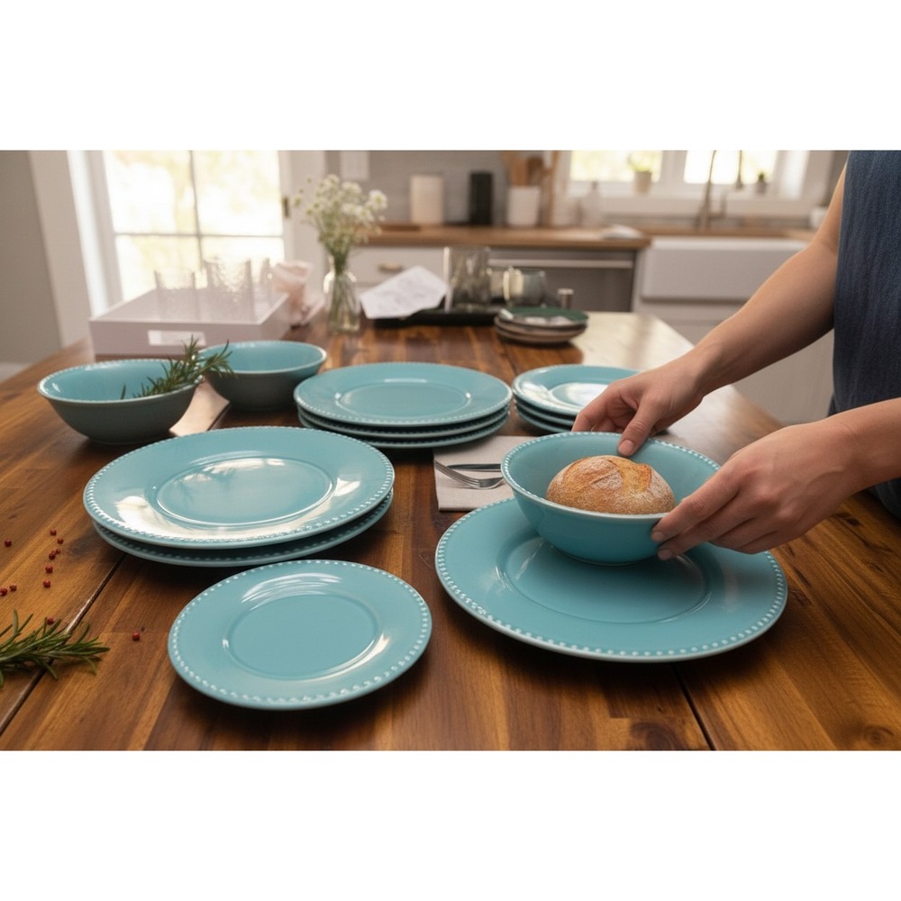 Primagera Dinnerware Set 9pc Blue Like New Handcrafted Portugal Beaded Rim